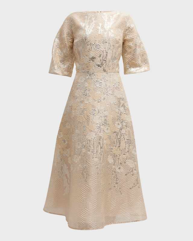 Blouson-Sleeve Metallic Jacquard Midi Dress